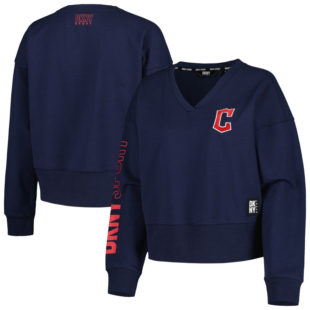 Cleveland Guardians DKNY Sport Women's Lily V-Neck Pullover Sweatshirt - Navy Pullover