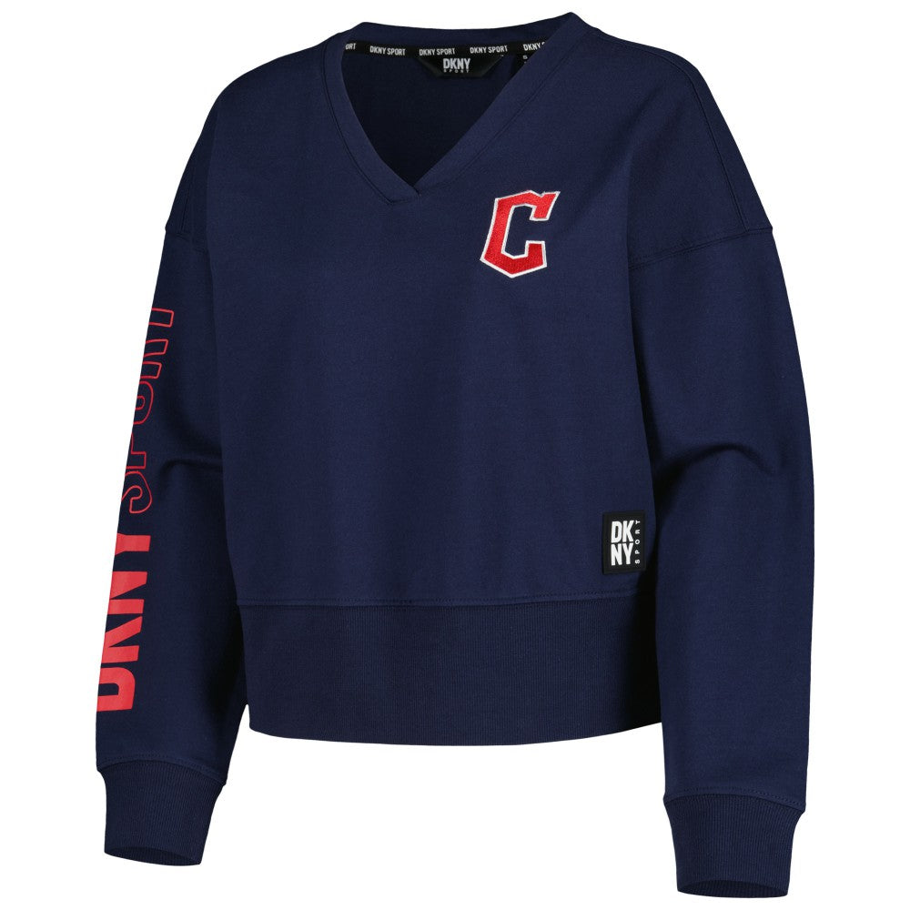 Cleveland Guardians DKNY Sport Women's Lily V-Neck Pullover Sweatshirt - Navy Pullover