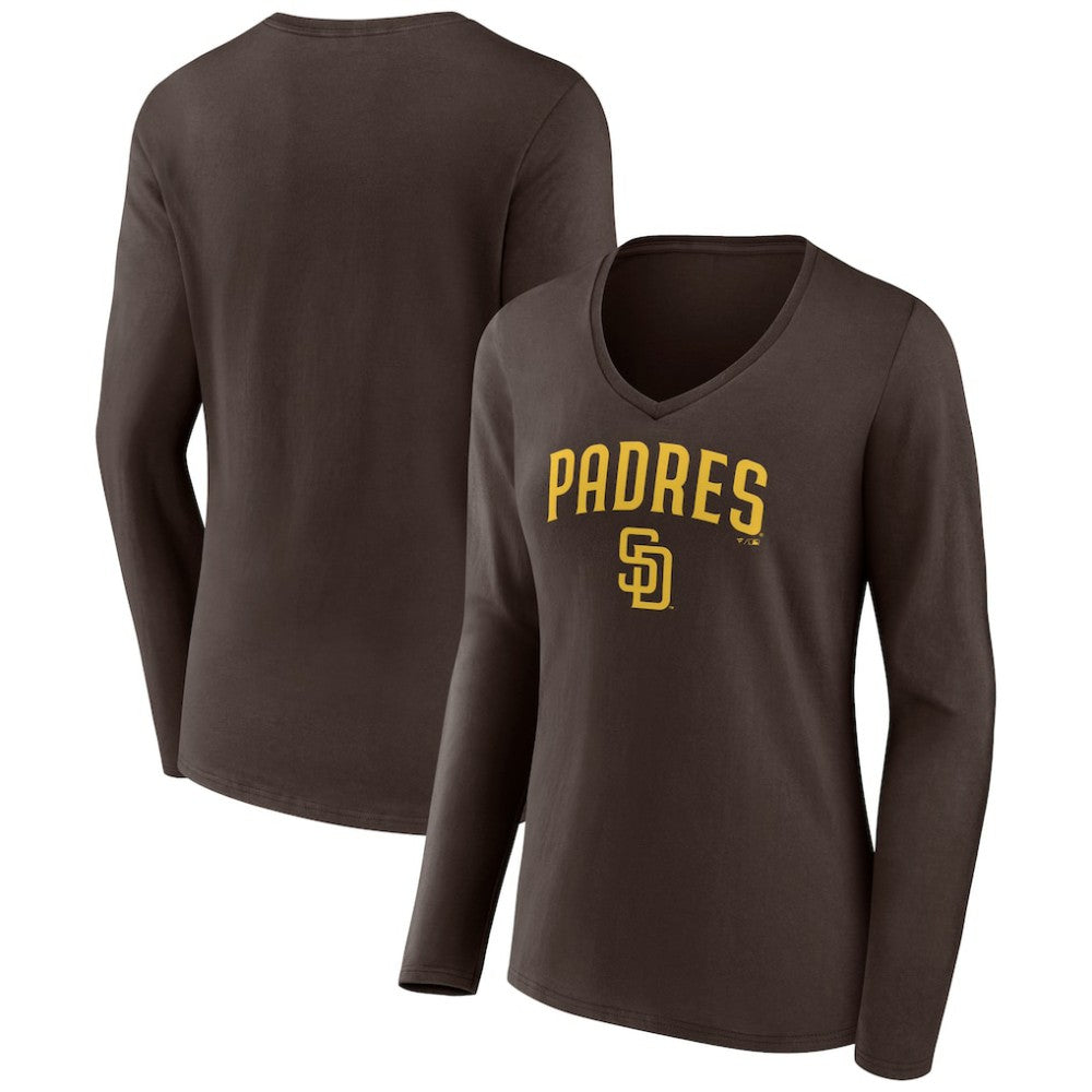 San Diego Padres Women's Team Lockup Long Sleeve V-Neck T-Shirt - Brown T-shirts