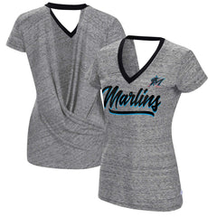 Miami Marlins Touch Women's Halftime Back Wrap Top V-Neck T-Shirt - Black T-shirts
