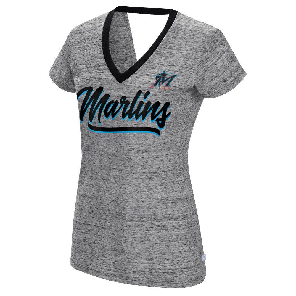 Miami Marlins Touch Women's Halftime Back Wrap Top V-Neck T-Shirt - Black T-shirts