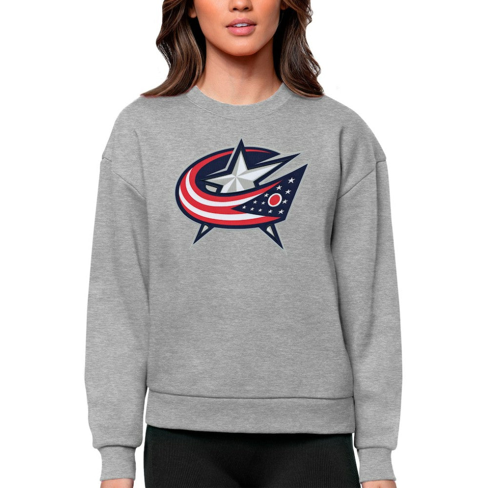 NHL Columbus Blue Jackets Antigua Women's Team Logo Victory Crewneck Pullover Sweatshirt - Heather Gray