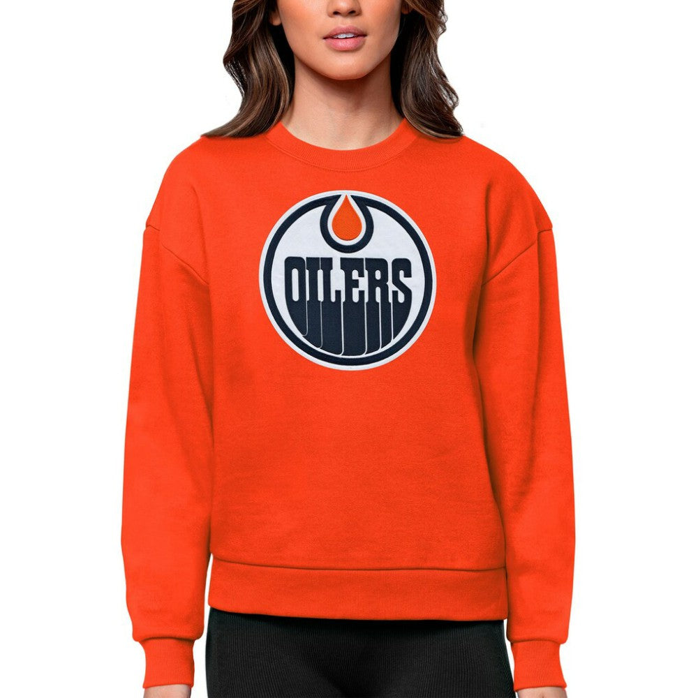 NHL Edmonton Oilers Antigua Women's Team Logo Victory Crewneck Pullover Sweatshirt - Orange