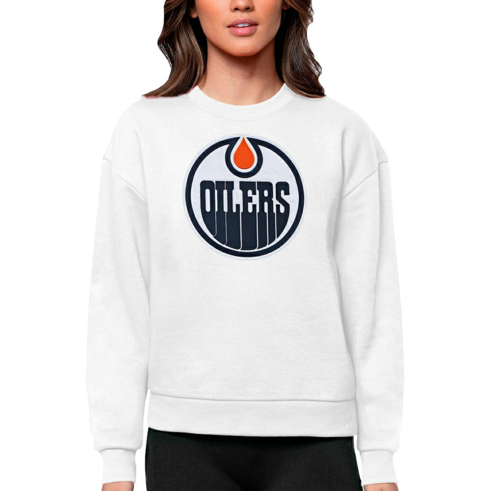NHL Edmonton Oilers Antigua Women's Team Logo Victory Crewneck Pullover Sweatshirt - White