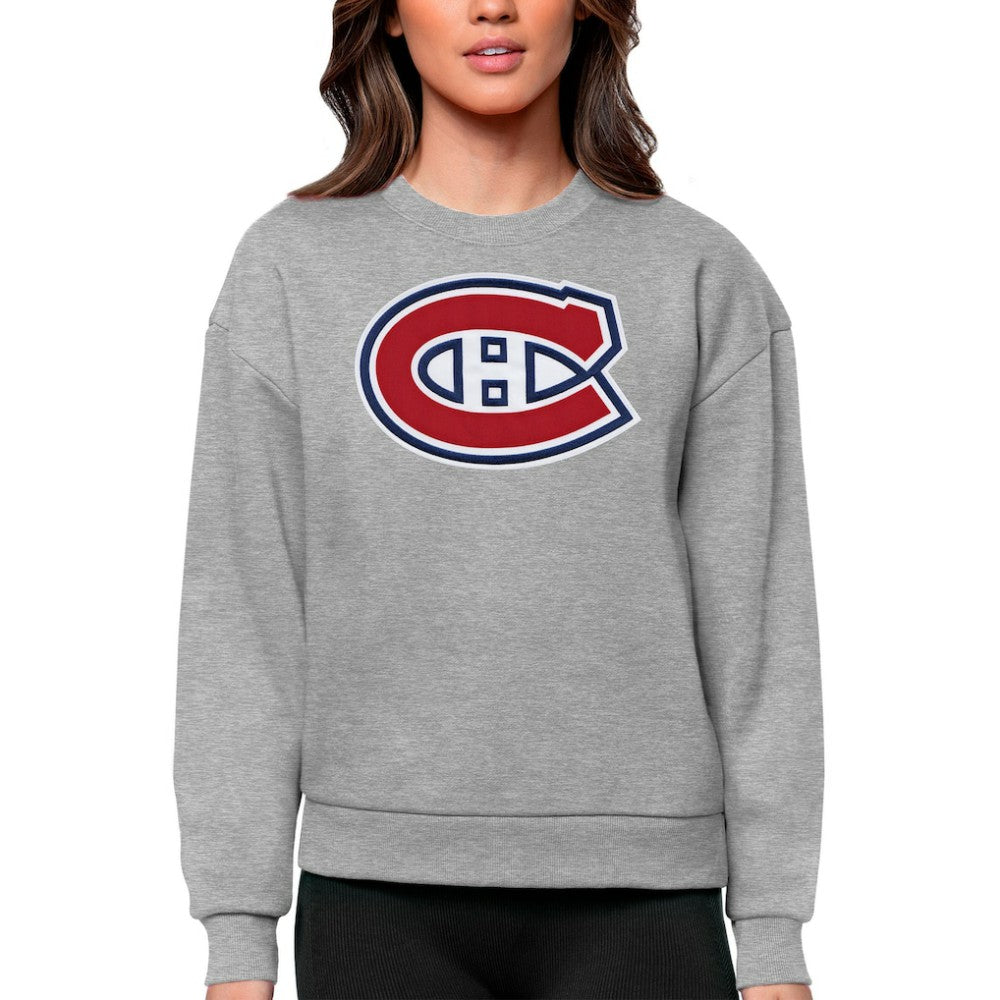 NHL Montreal Canadiens Antigua Women's Team Logo Victory Crewneck Pullover Sweatshirt - Heather Gray