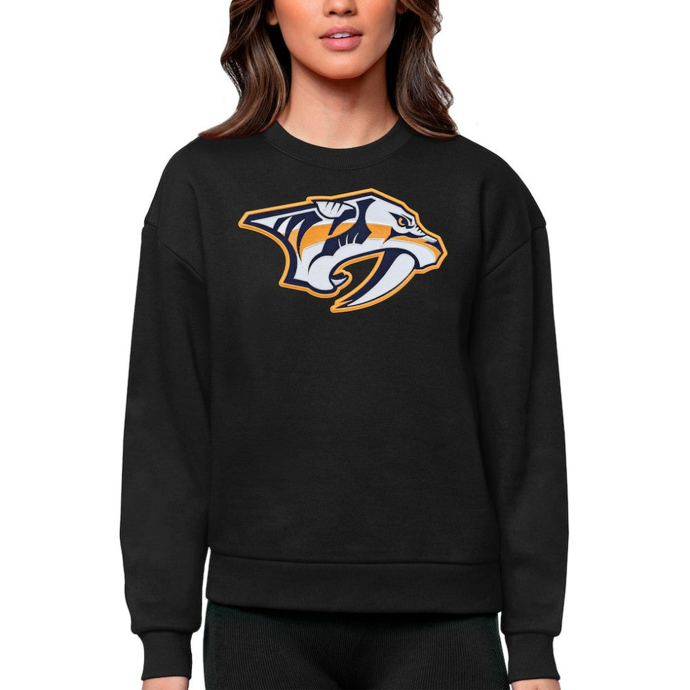 NHL Nashville Predators Antigua Women's Team Logo Victory Crewneck Pullover Sweatshirt - Black
