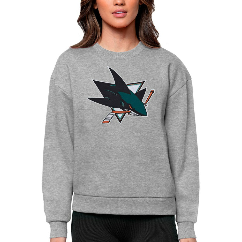 NHL San Jose Sharks Antigua Women's Team Logo Victory Crewneck Pullover Sweatshirt - Heather Gray