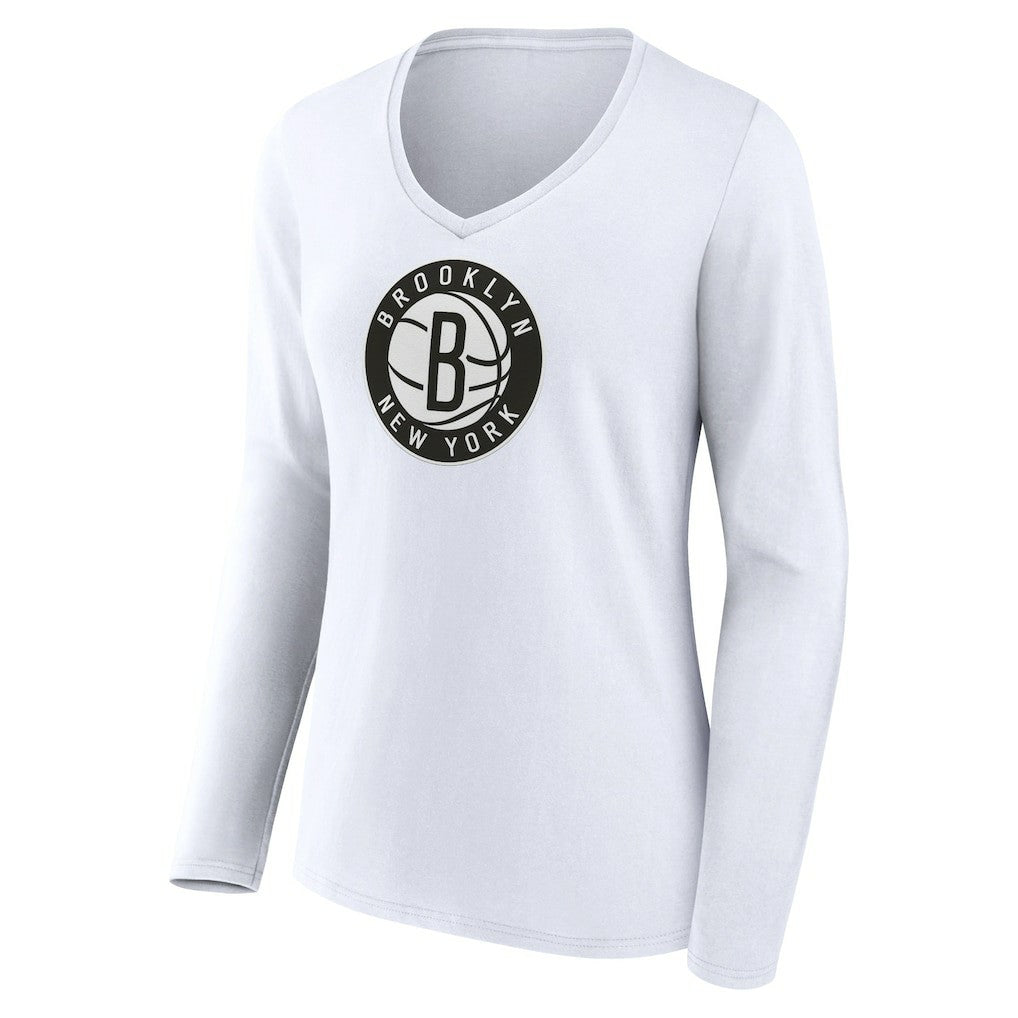 Brooklyn Nets Women's Logo Long Sleeve V-Neck T-Shirt White