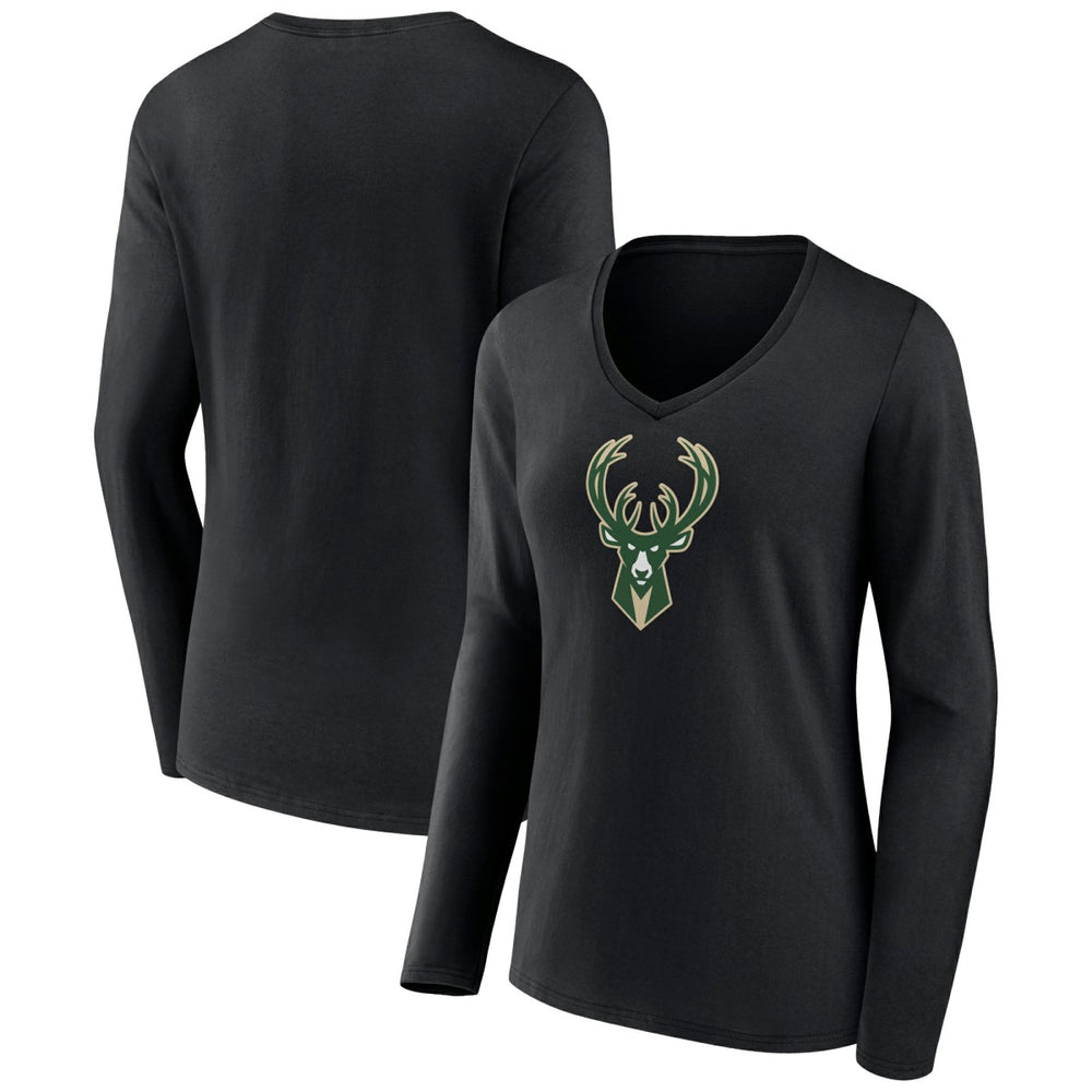 Milwaukee Bucks Women's Logo Long Sleeve V-Neck T-Shirt Black
