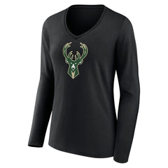 Milwaukee Bucks Women's Logo Long Sleeve V-Neck T-Shirt Black