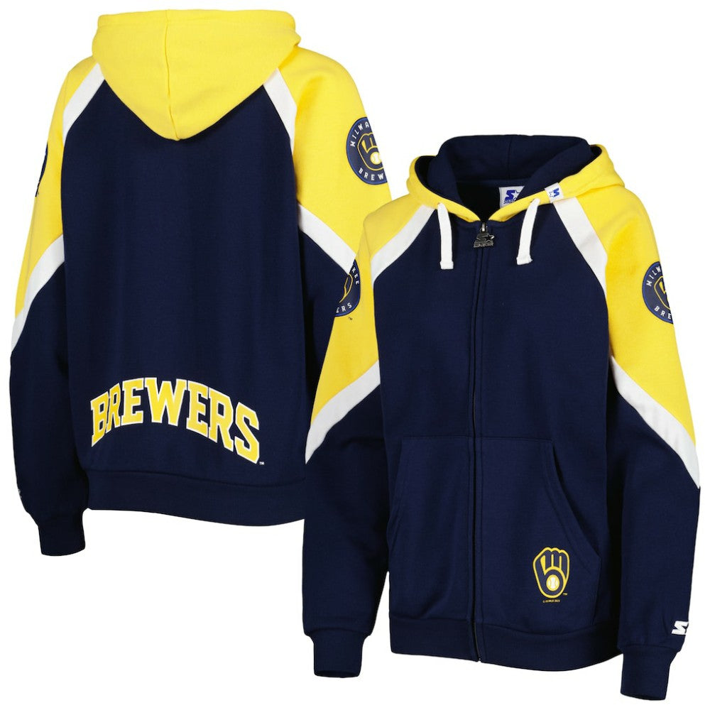 Milwaukee Brewers Starter Women's Hail Mary Full-Zip Hoodie - Navy/Gold Hoodies