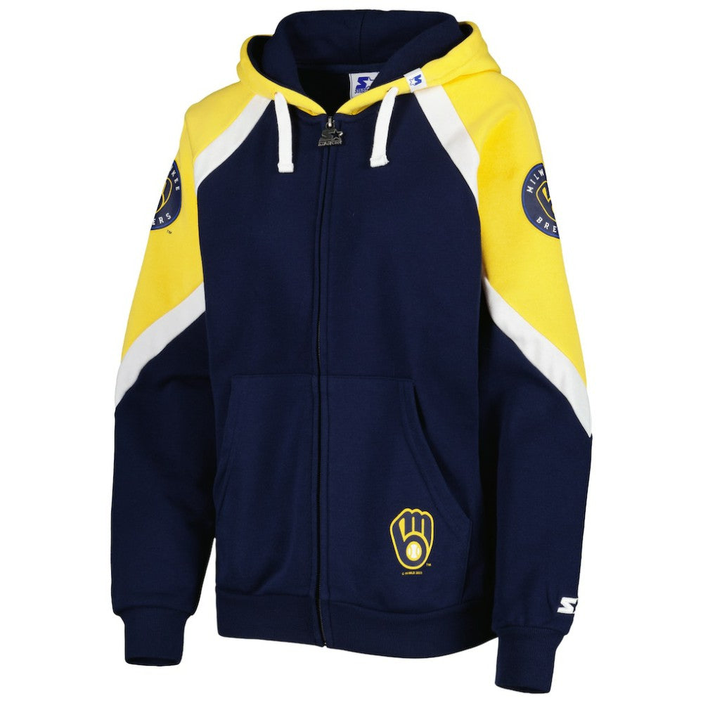 Milwaukee Brewers Starter Women's Hail Mary Full-Zip Hoodie - Navy/Gold Hoodies