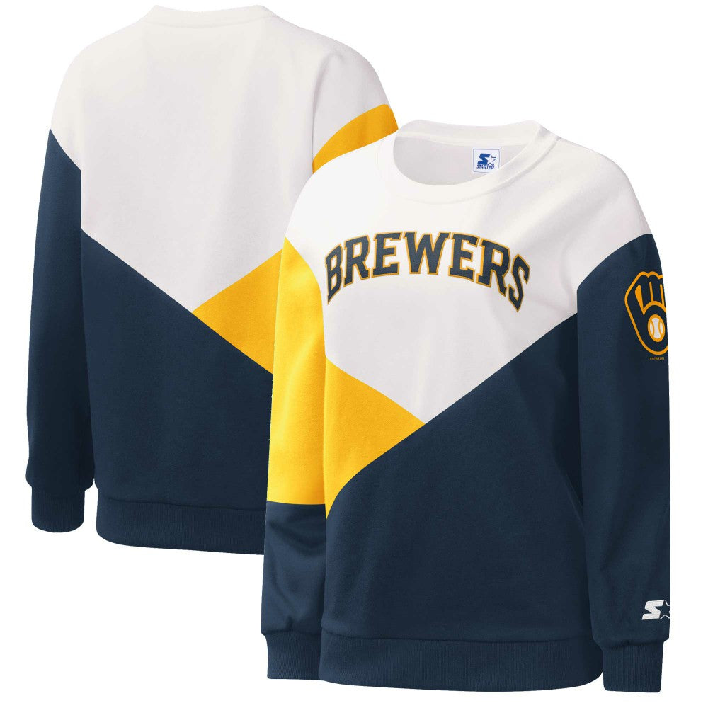 Milwaukee Brewers Starter Women's Shutout Pullover Sweatshirt - White/Navy Pullover