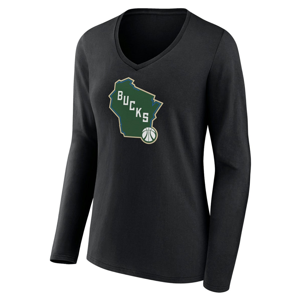 Milwaukee Bucks Women's Alternate Logo V-Neck Long Sleeve T-Shirt Black