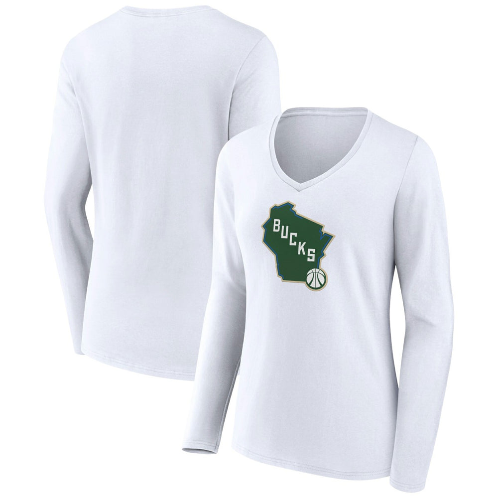 Milwaukee Bucks Women's Alternate Logo V-Neck Long Sleeve T-Shirt White