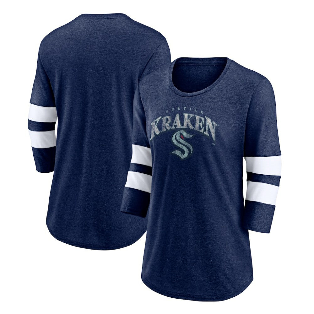 NHL Seattle Kraken Fanatics Women's Special Edition 2.0 Barn Burner 3/4 Sleeve T-Shirt - Heather Deep Sea Blue