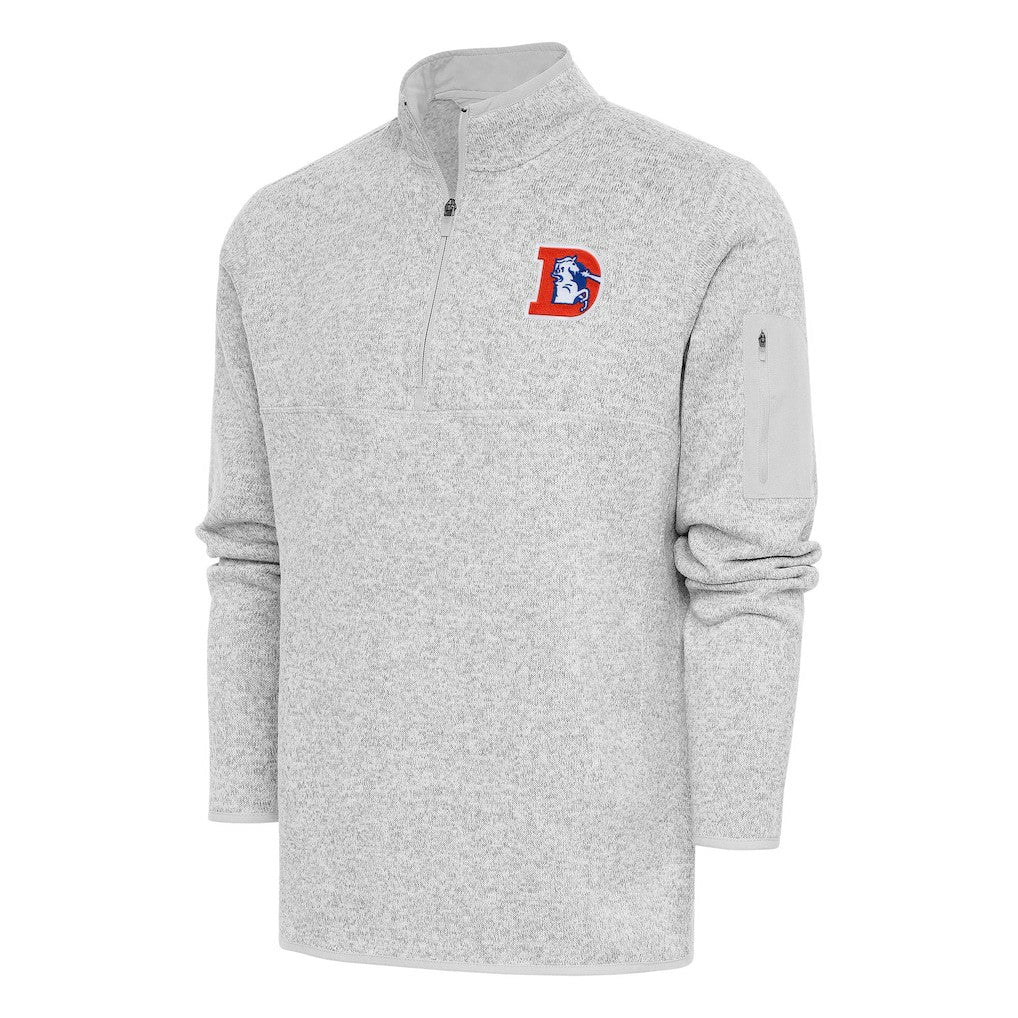 Denver Broncos Antigua Throwback Fortune Quarter-Zip Pullover Jacket Heather Gray
