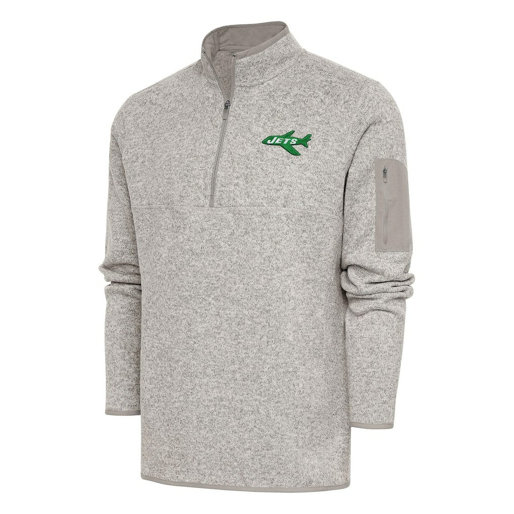 New York Jets Antigua Throwback Fortune Quarter-Zip Pullover Jacket Oatmeal