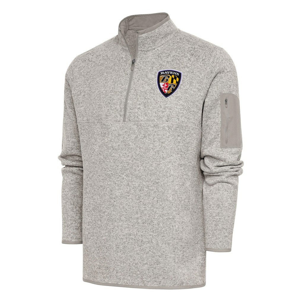 Baltimore Ravens Antigua Throwback Fortune Quarter-Zip Pullover Jacket Oatmeal