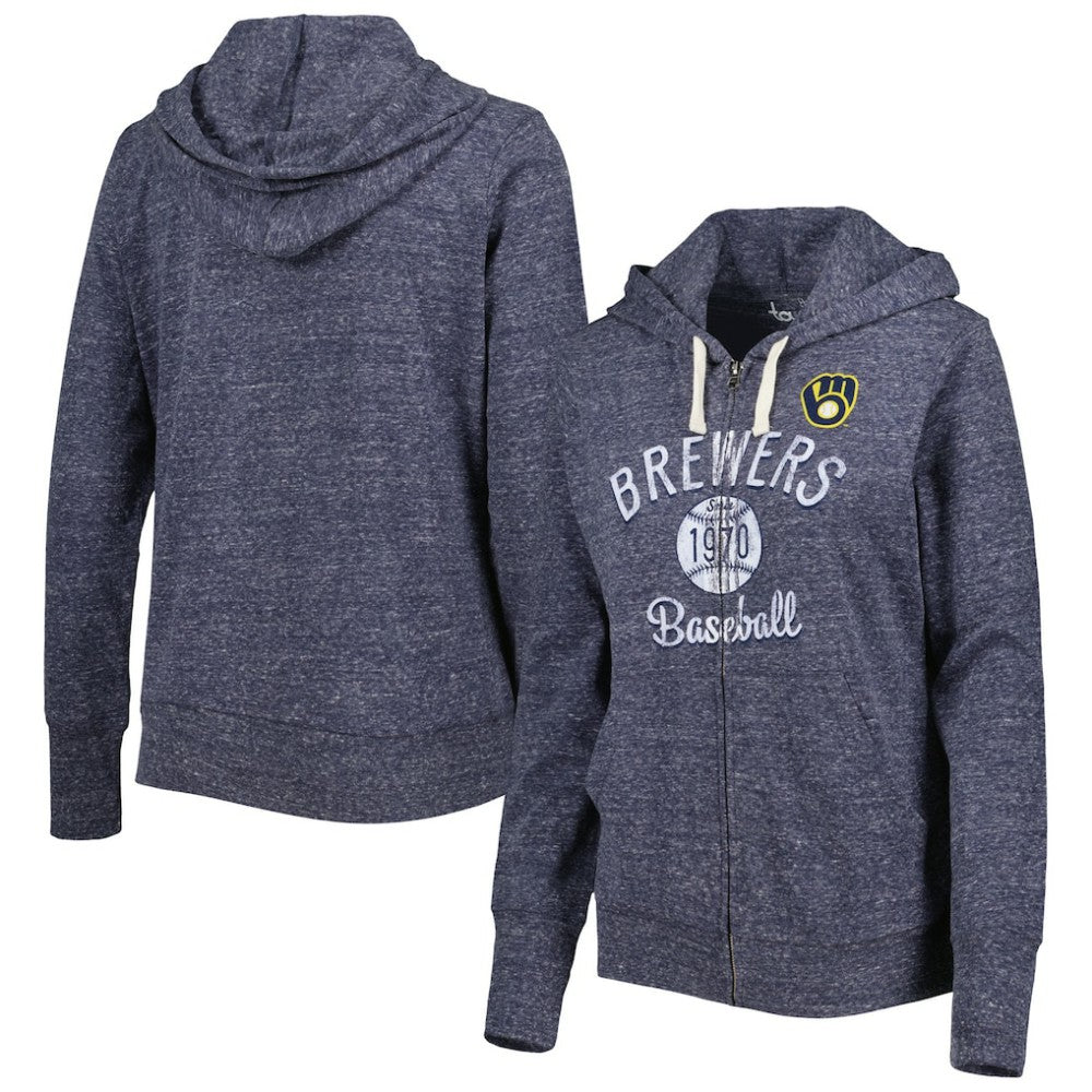 Milwaukee Brewers Touch Women's Training Camp Tri-Blend Lightweight Full-Zip Hoodie - Navy Hoodies