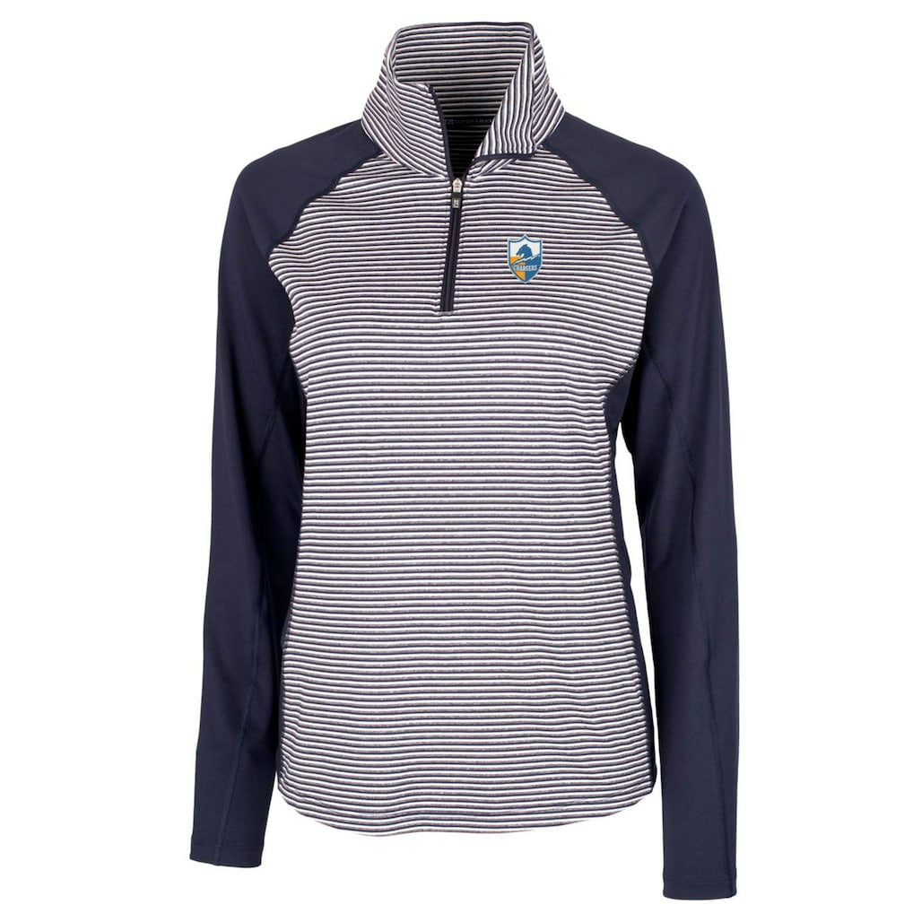Los Angeles Chargers Cutter & Buck Women's Throwback Logo Forge Tonal Stripe Stretch Half-Zip Pullover Top Navy