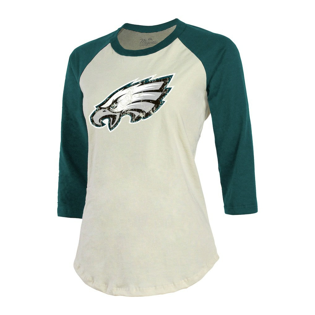 Jalen Hurts Philadelphia Eagles Majestic Threads Women's Player Raglan Name & Number Fitted 3/4-Sleeve T-Shirt Cream/Green