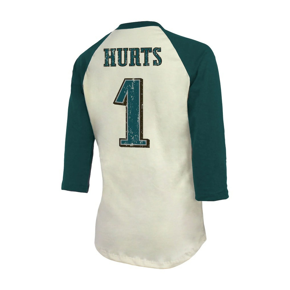 Jalen Hurts Philadelphia Eagles Majestic Threads Women's Player Raglan Name & Number Fitted 3/4-Sleeve T-Shirt Cream/Green
