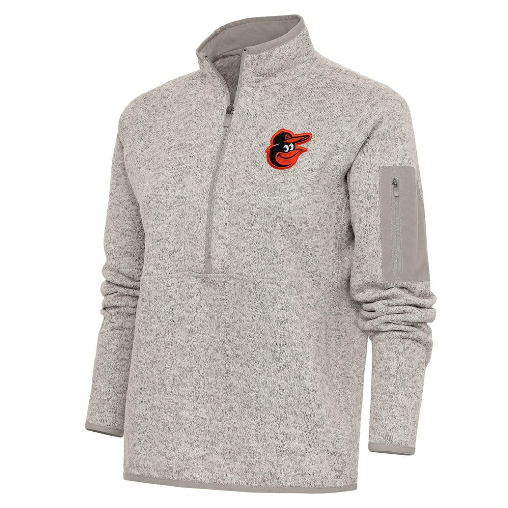 Baltimore Orioles Antigua Women's Logo Fortune Quarter-Zip Pullover Jacket - Oatmeal Jackets