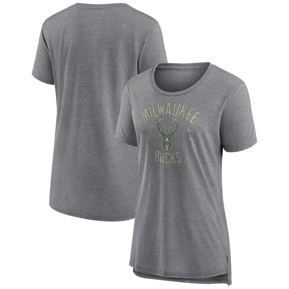 Milwaukee Bucks Women's Heritage Tri-Blend T-Shirt Heather Gray