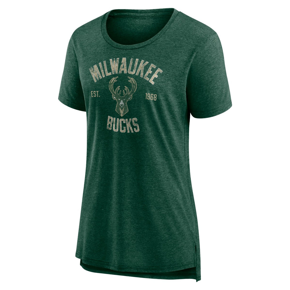 Milwaukee Bucks Women's Heritage Tri-Blend T-Shirt Heather Hunter Green