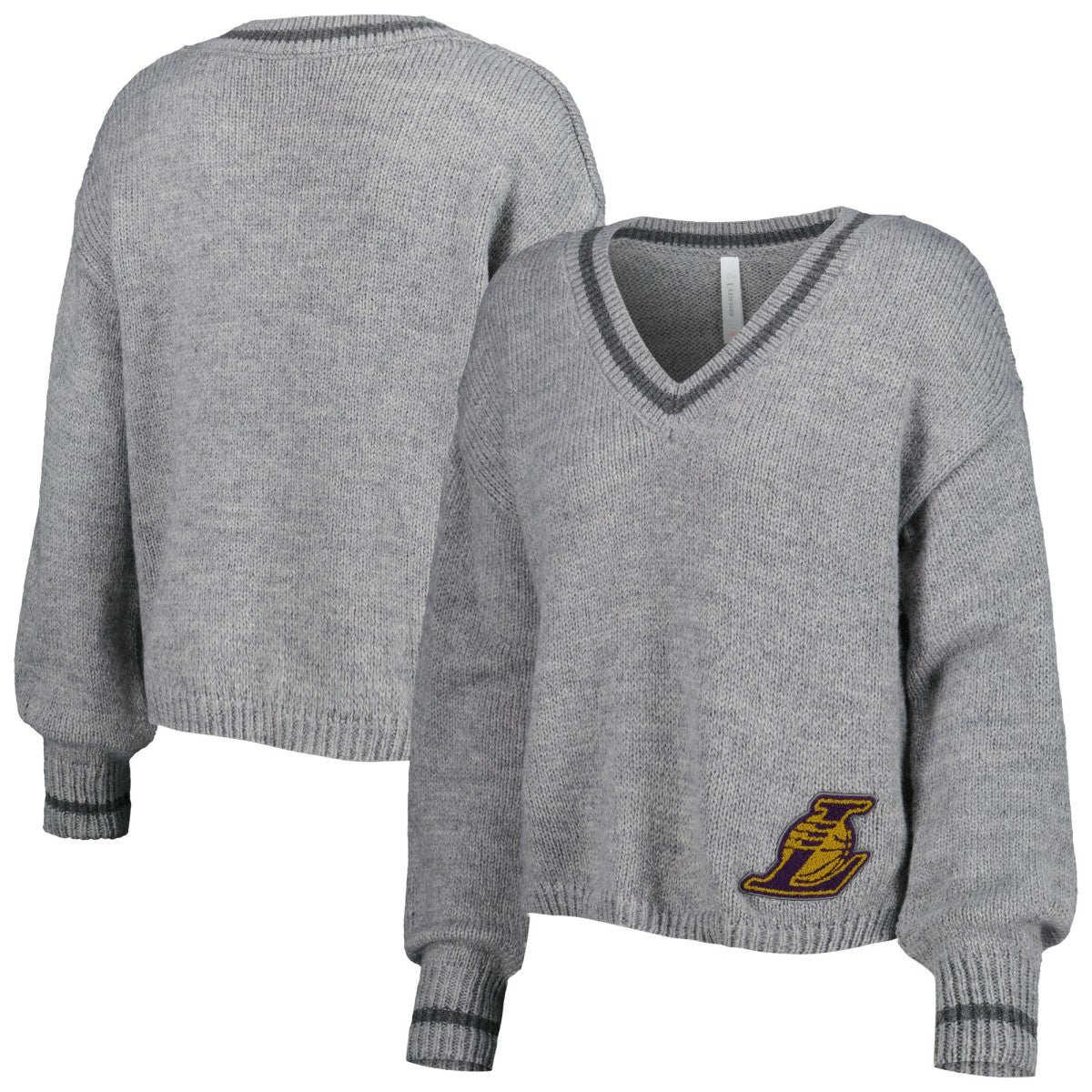 Los Angeles Lakers Lusso Women's Scarletts Lantern Sleeve Tri-Blend V-Neck Pullover Sweater Gray