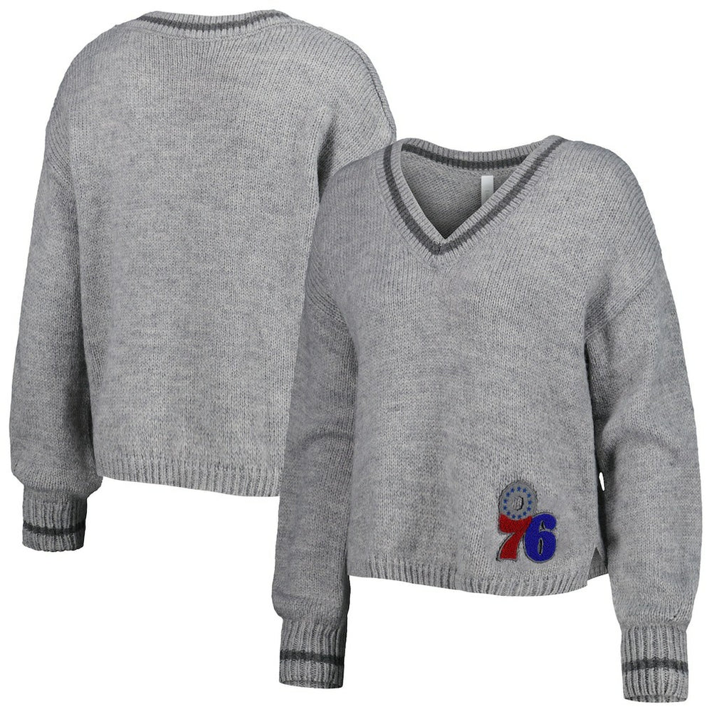 Philadelphia 76ers Lusso Women's Scarletts Lantern Sleeve Tri-Blend V-Neck Pullover Sweater Gray