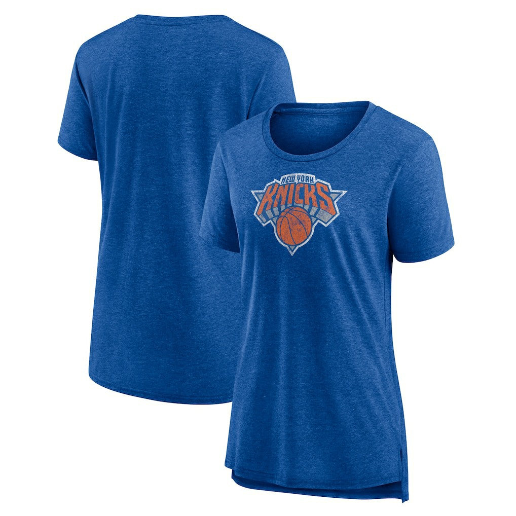 New York Knicks Women's Distressed Logo Tri-Blend T-Shirt Heather Blue
