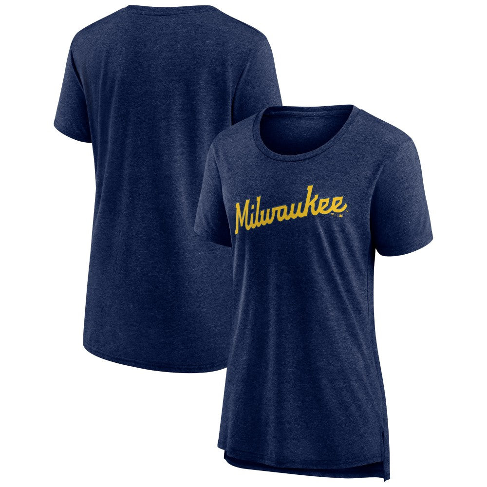 Milwaukee Brewers Women's Official Wordmark Tri-Blend T-Shirt - Heather Navy T-shirts