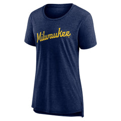 Milwaukee Brewers Women's Official Wordmark Tri-Blend T-Shirt - Heather Navy T-shirts