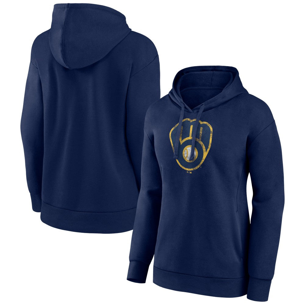Milwaukee Brewers Women's Distressed Team Pullover Hoodie - Navy Hoodies