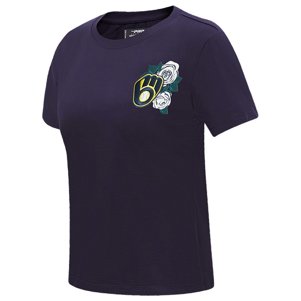 Milwaukee Brewers Pro Standard Women's Roses Fitted T-Shirt - Navy T-shirts