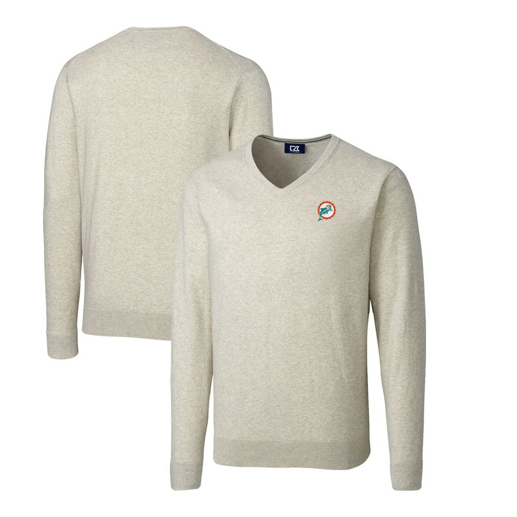 Miami Dolphins Cutter & Buck Throwback Logo Lakemont Tri-Blend Big & Tall V-Neck Pullover Sweater Oatmeal