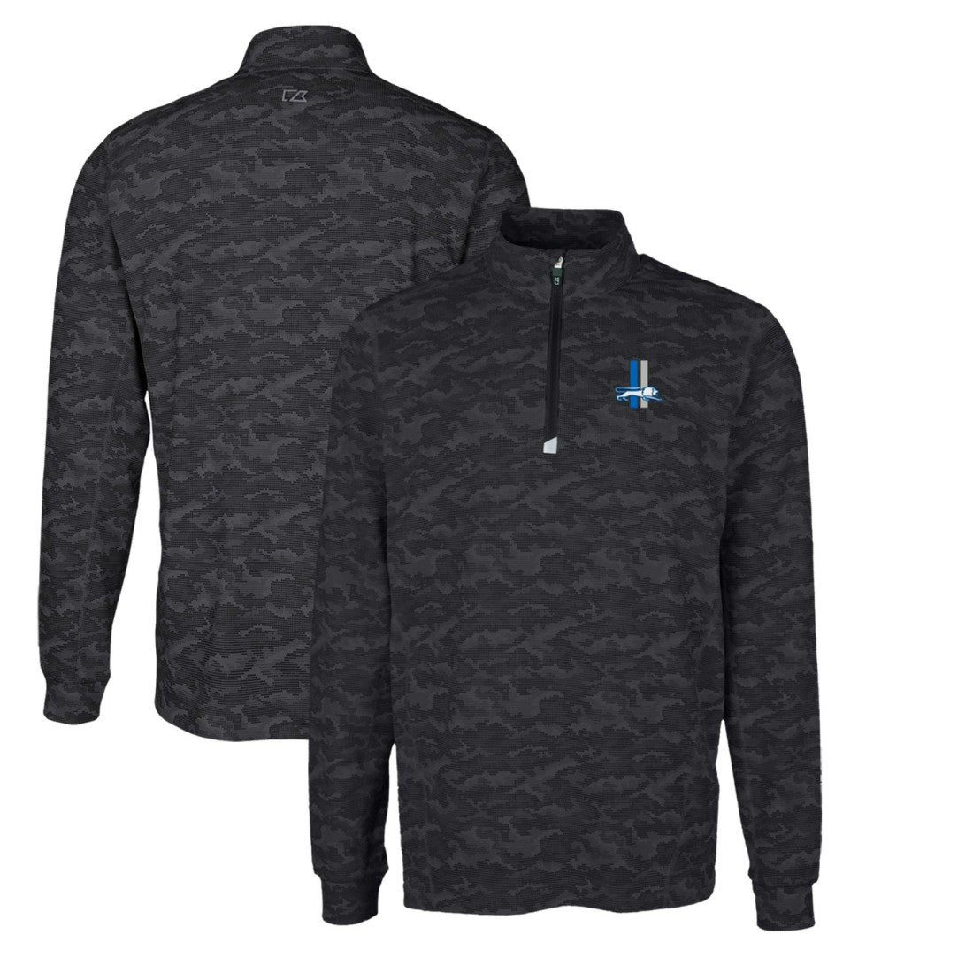 Detroit Lions Cutter & Buck Throwback Logo Big & Tall Traverse Camo Print Stretch Quarter-Zip Pullover Top Black