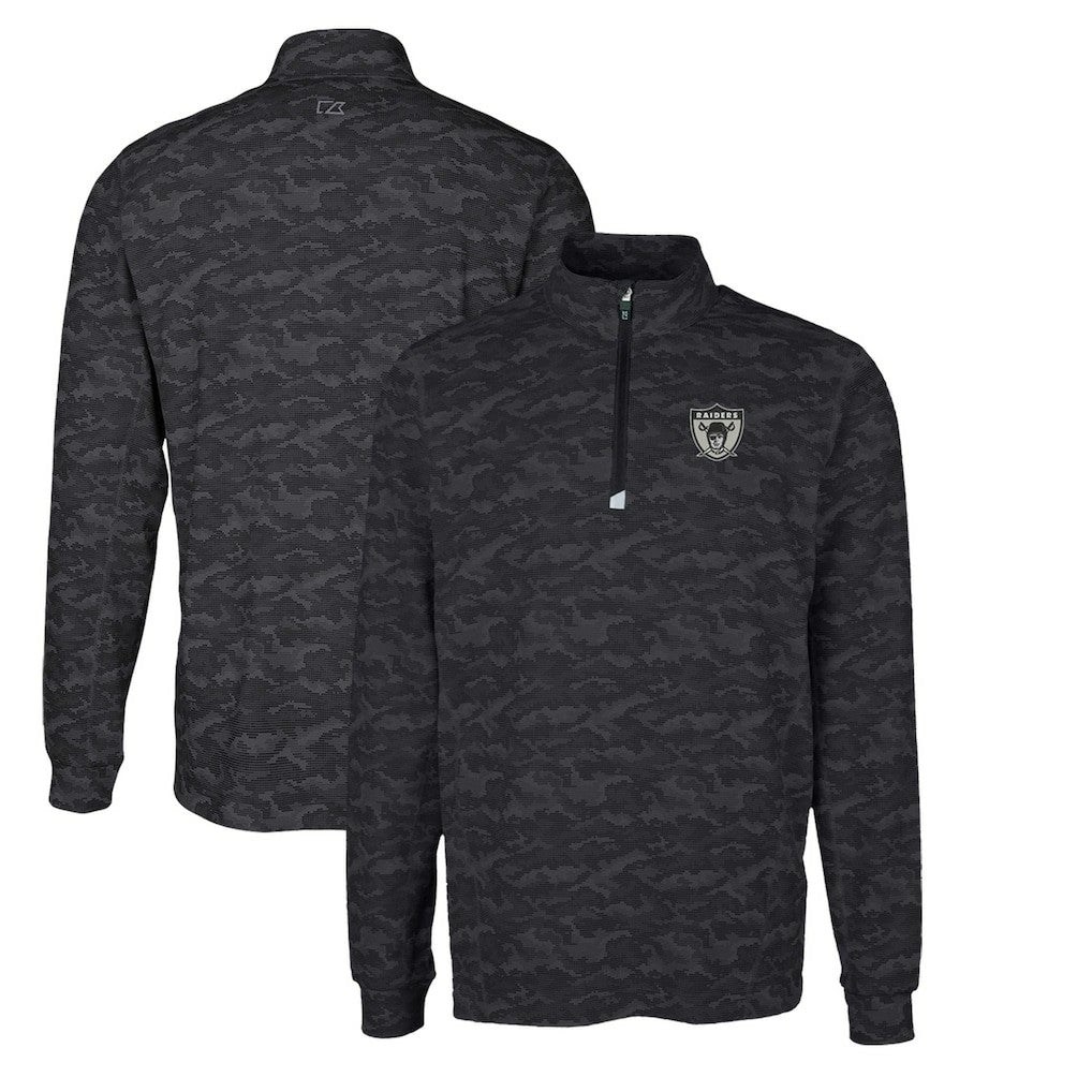 Las Vegas Raiders Cutter & Buck Throwback Logo Big & Tall Traverse Camo Print Stretch Quarter-Zip Pullover Top Black