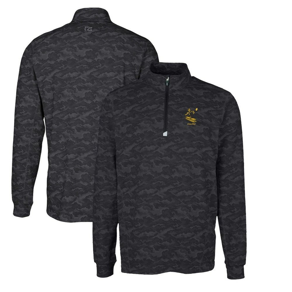 Pittsburgh Steelers Cutter & Buck Throwback Logo Big & Tall Traverse Camo Print Stretch Quarter-Zip Pullover Top Black