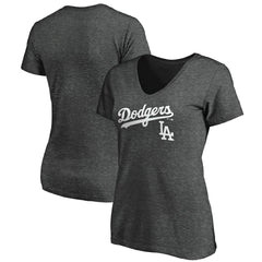 Los Angeles Dodgers Women's Team Lockup V-Neck T-Shirt - Charcoal T-shirts