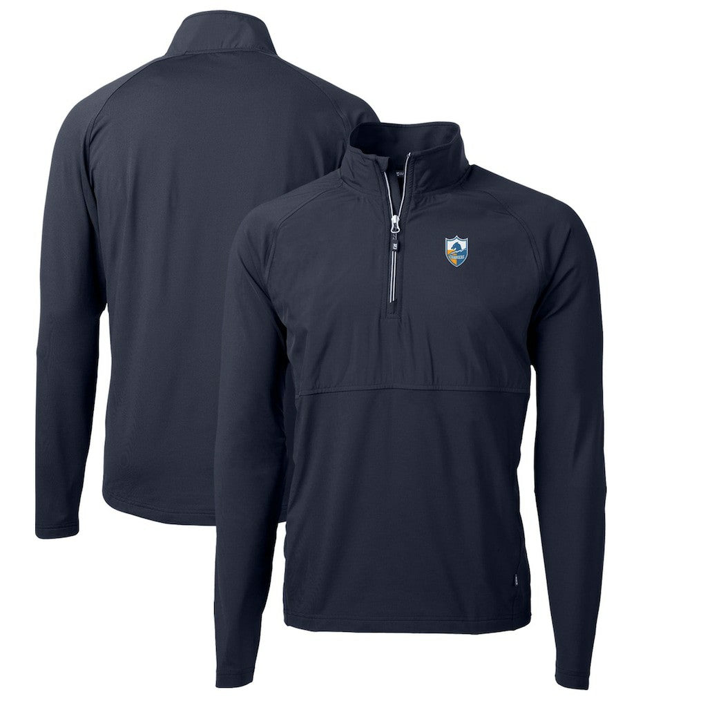 Los Angeles Chargers Cutter & Buck Adapt Eco Knit Hybrid Recycled Quarter-Zip Throwback Pullover Top Navy