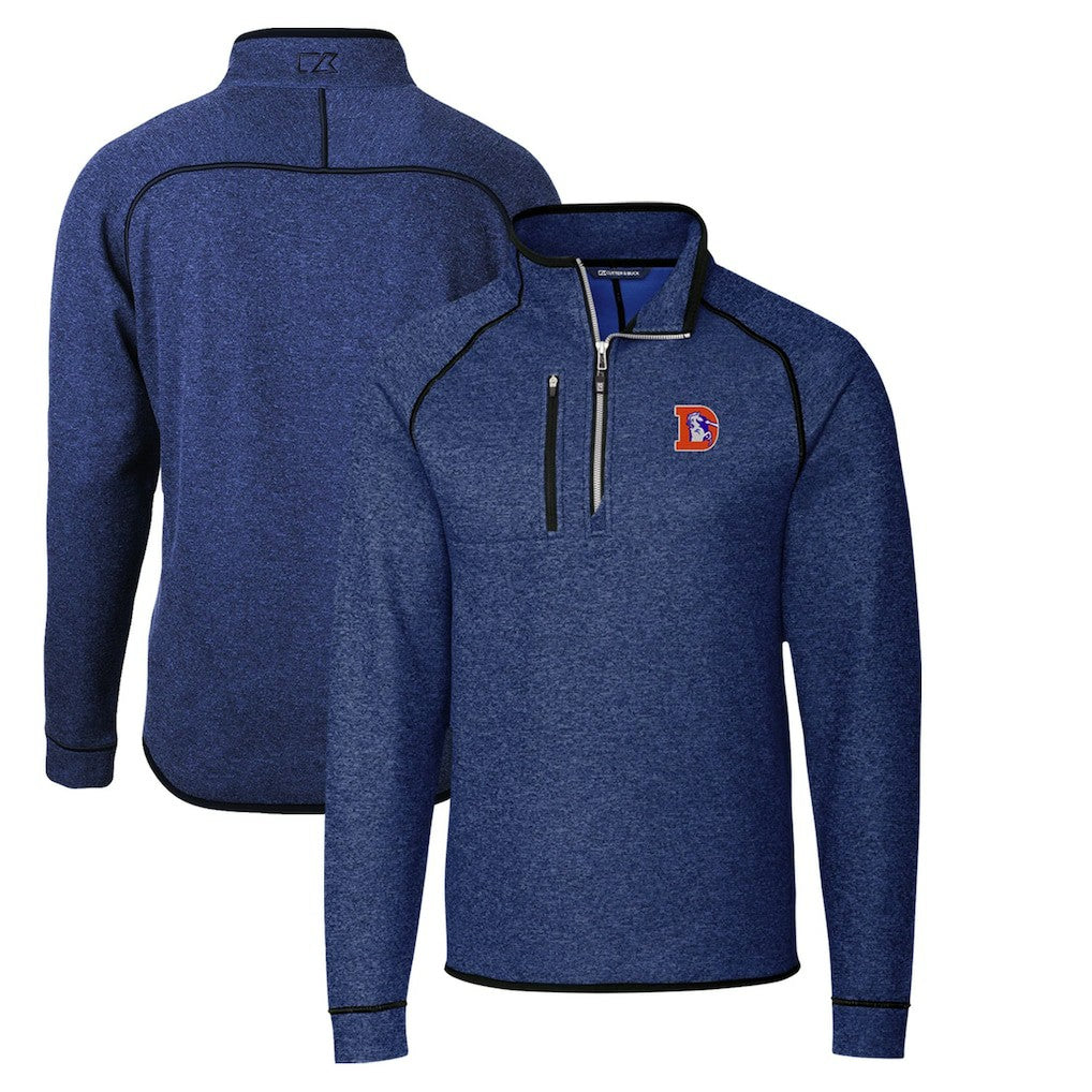 Denver Broncos Cutter & Buck Throwback Logo Mainsail Sweater-Knit Half-Zip Pullover Jacket Heather Royal