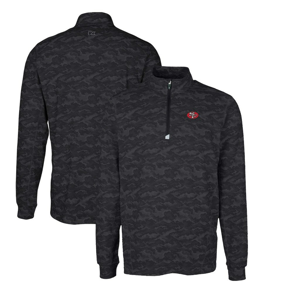 San Francisco 49ers Cutter & Buck Throwback Logo Traverse Camo Print Stretch Quarter-Zip Pullover Top Black