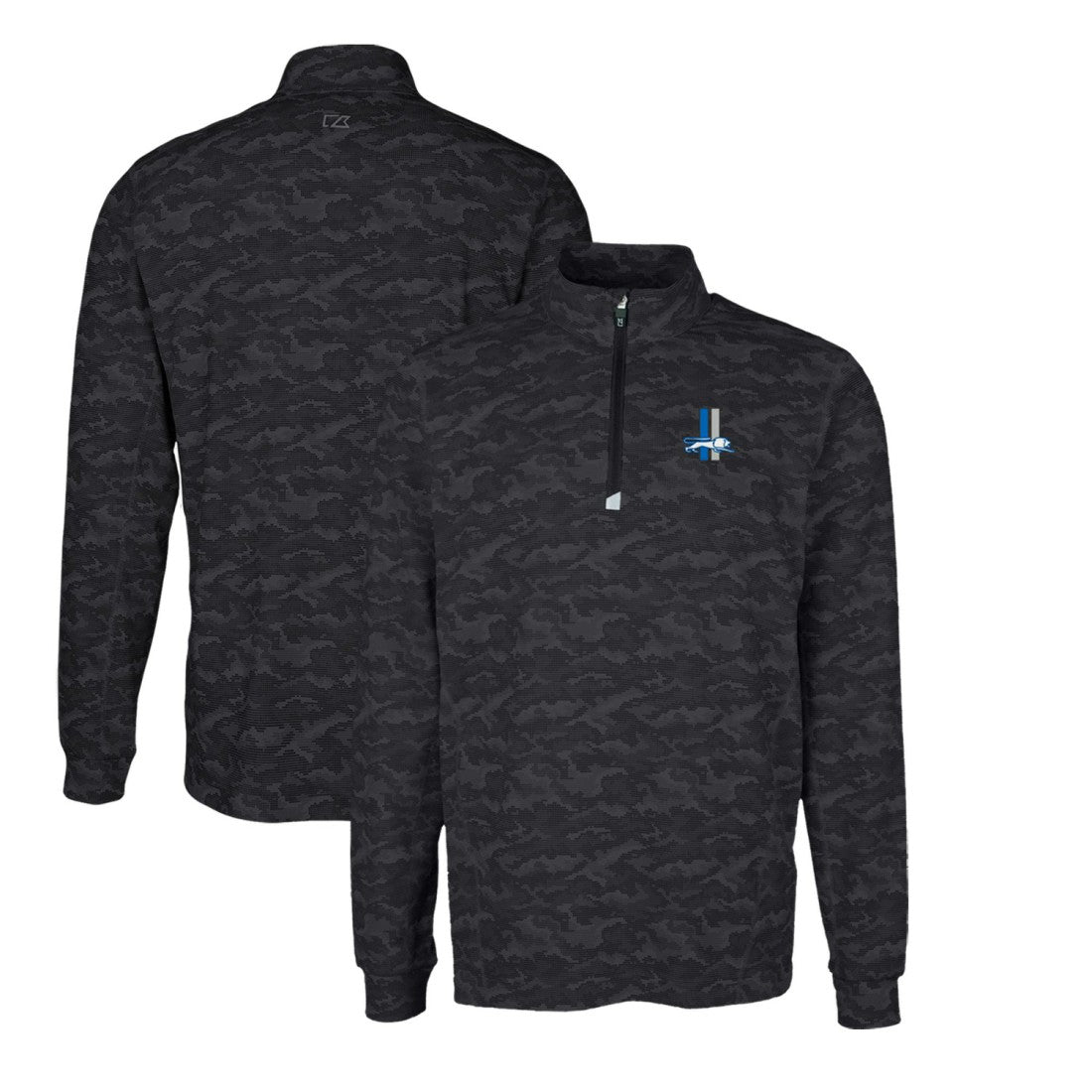 Detroit Lions Cutter & Buck Throwback Logo Traverse Camo Print Stretch Quarter-Zip Pullover Top Black