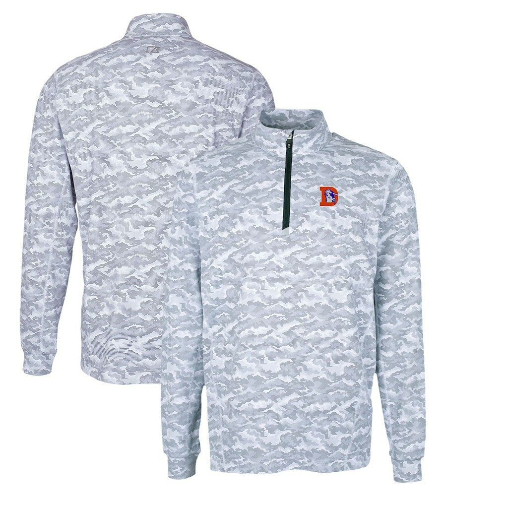 Denver Broncos Cutter & Buck Throwback Logo Traverse Camo Print Stretch Quarter-Zip Pullover Top Charcoal