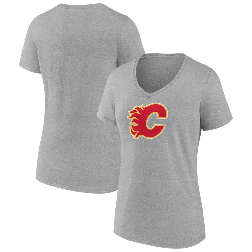 NHL Calgary Flames Women's Primary Logo Team V-Neck T-Shirt - Heather Gray