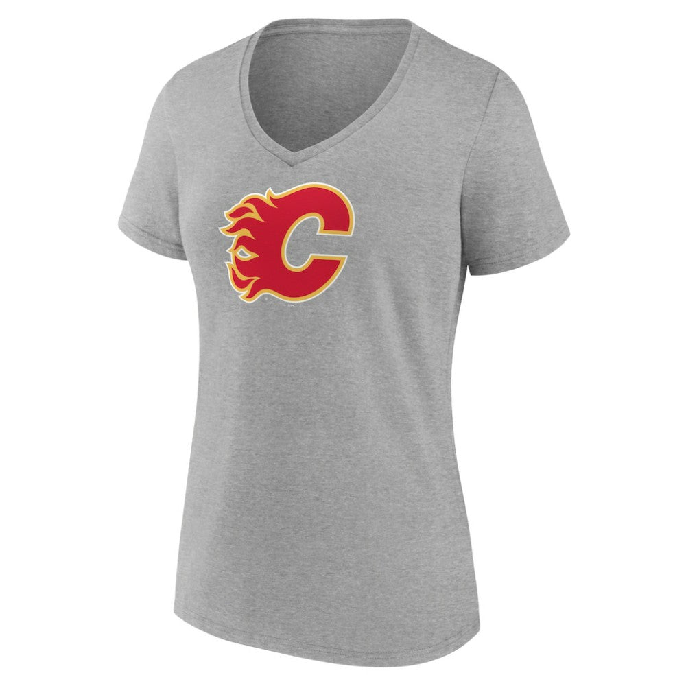 NHL Calgary Flames Women's Primary Logo Team V-Neck T-Shirt - Heather Gray