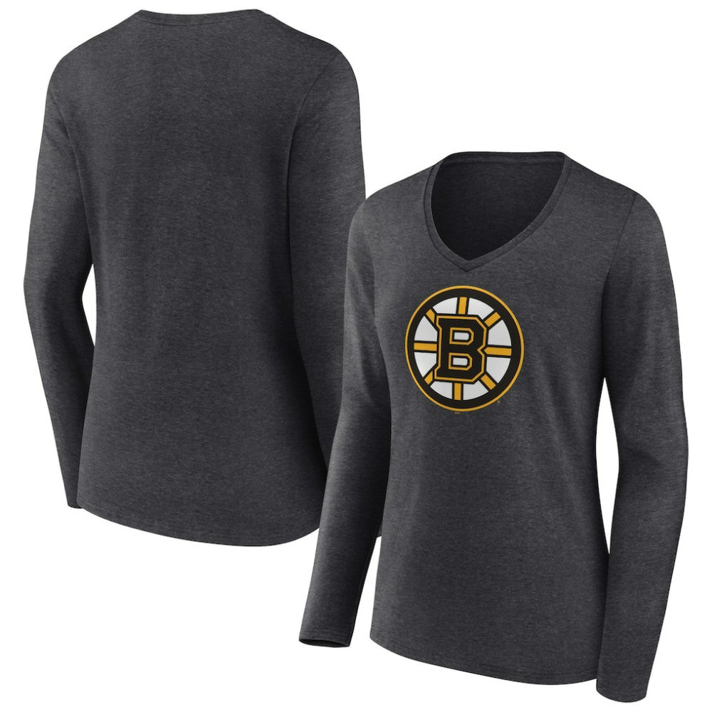 NHL Boston Bruins Women's Primary Team Logo Long Sleeve V-Neck T-Shirt - Heather Charcoal